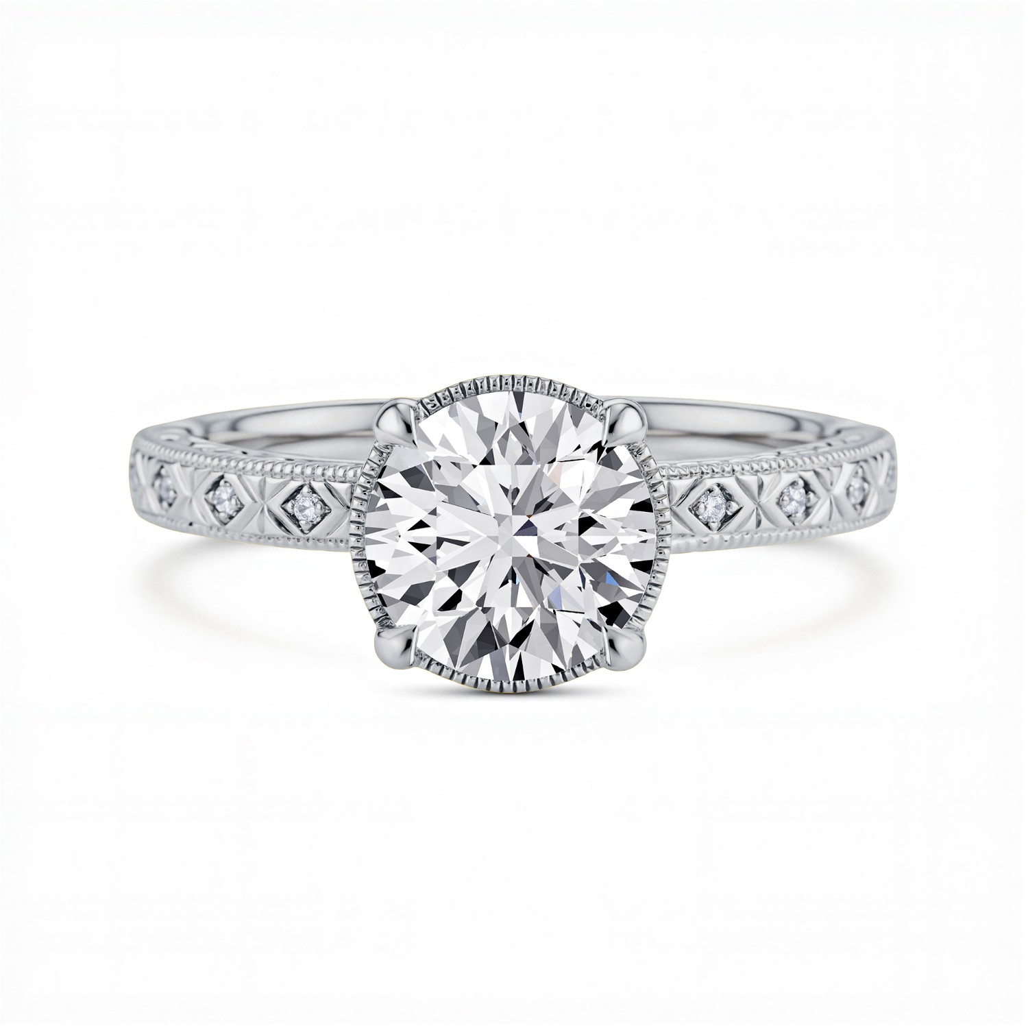 Valen Engraved Milgrain Halo Pave Engagement Ring