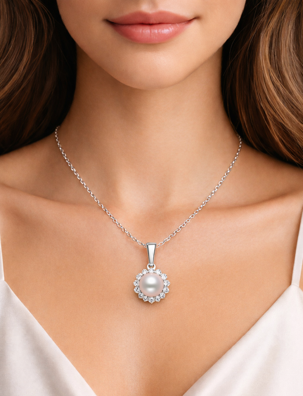 Freshwater Pearl Diamond Halo Necklace (7-8mm)