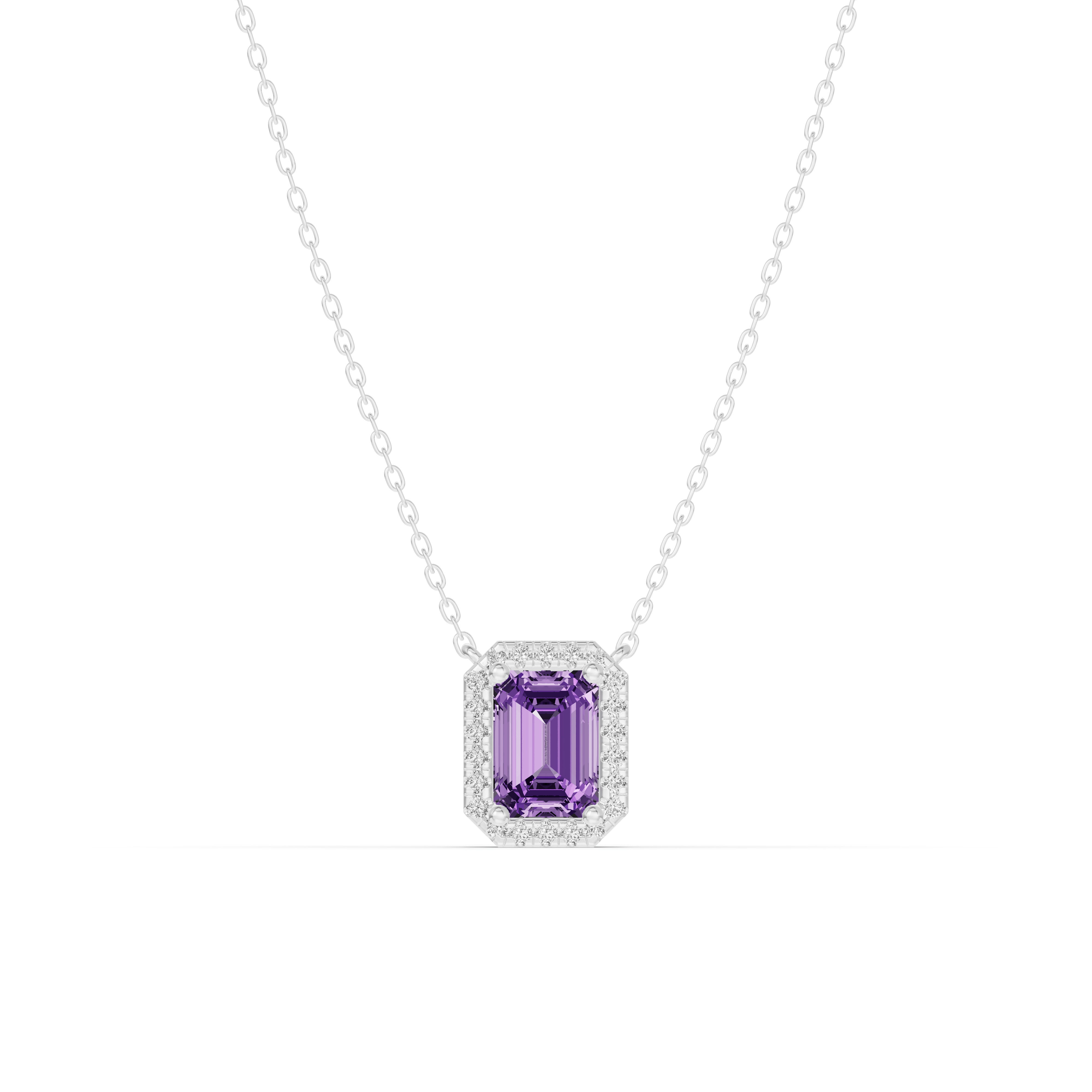 Halo Emerald-Cut Amethyst Silver Necklace