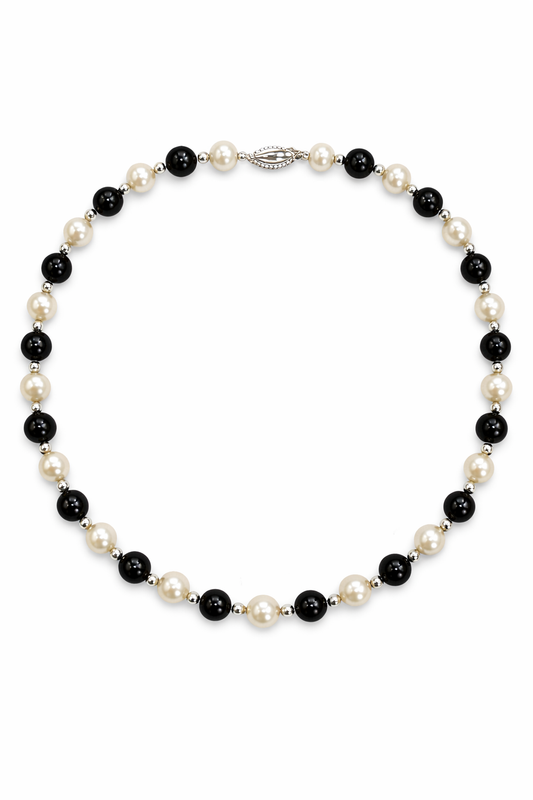 Freshwater Pearl and Black Onyx Silver Necklace (7-8 mm)