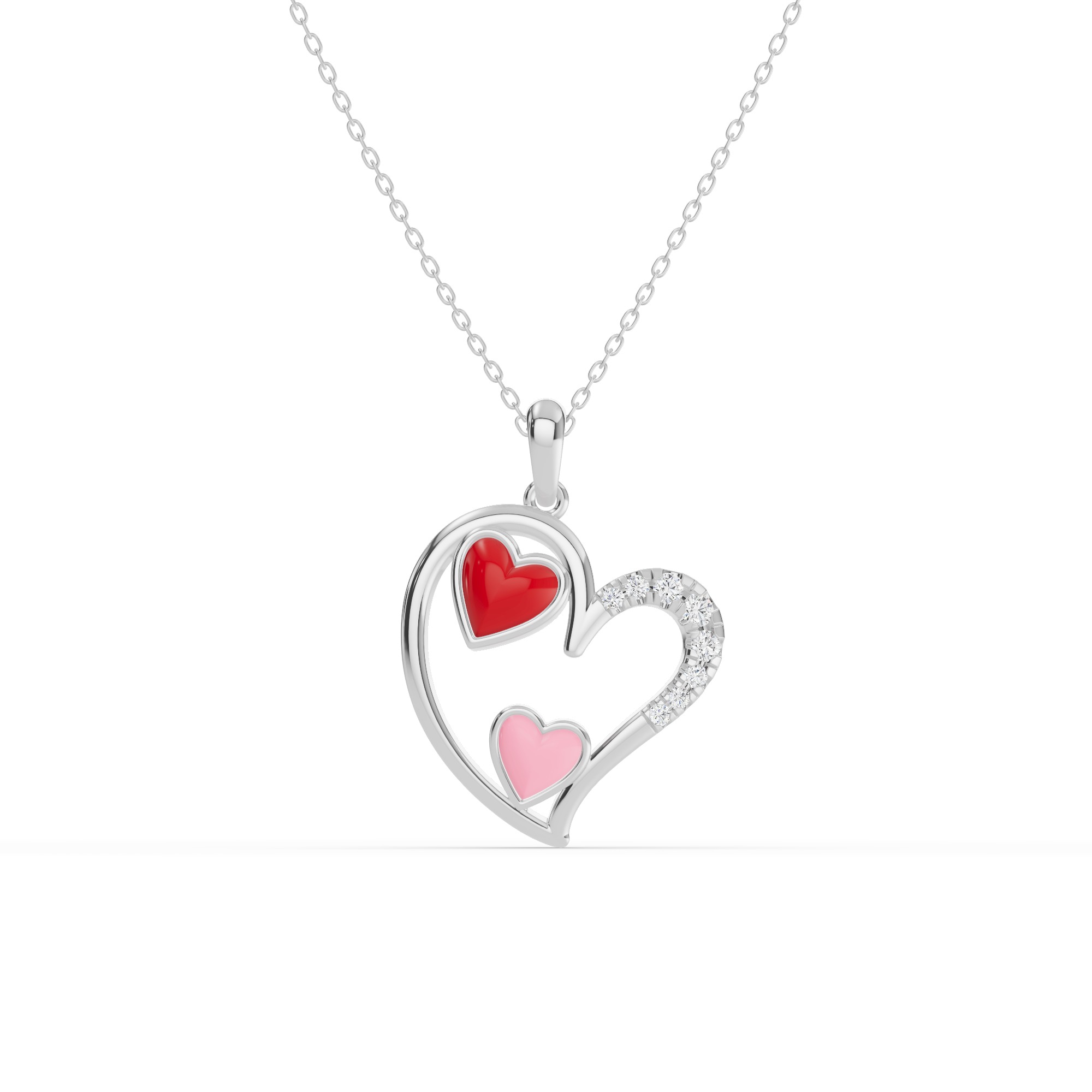 Duet Pave Heart Silver Necklace