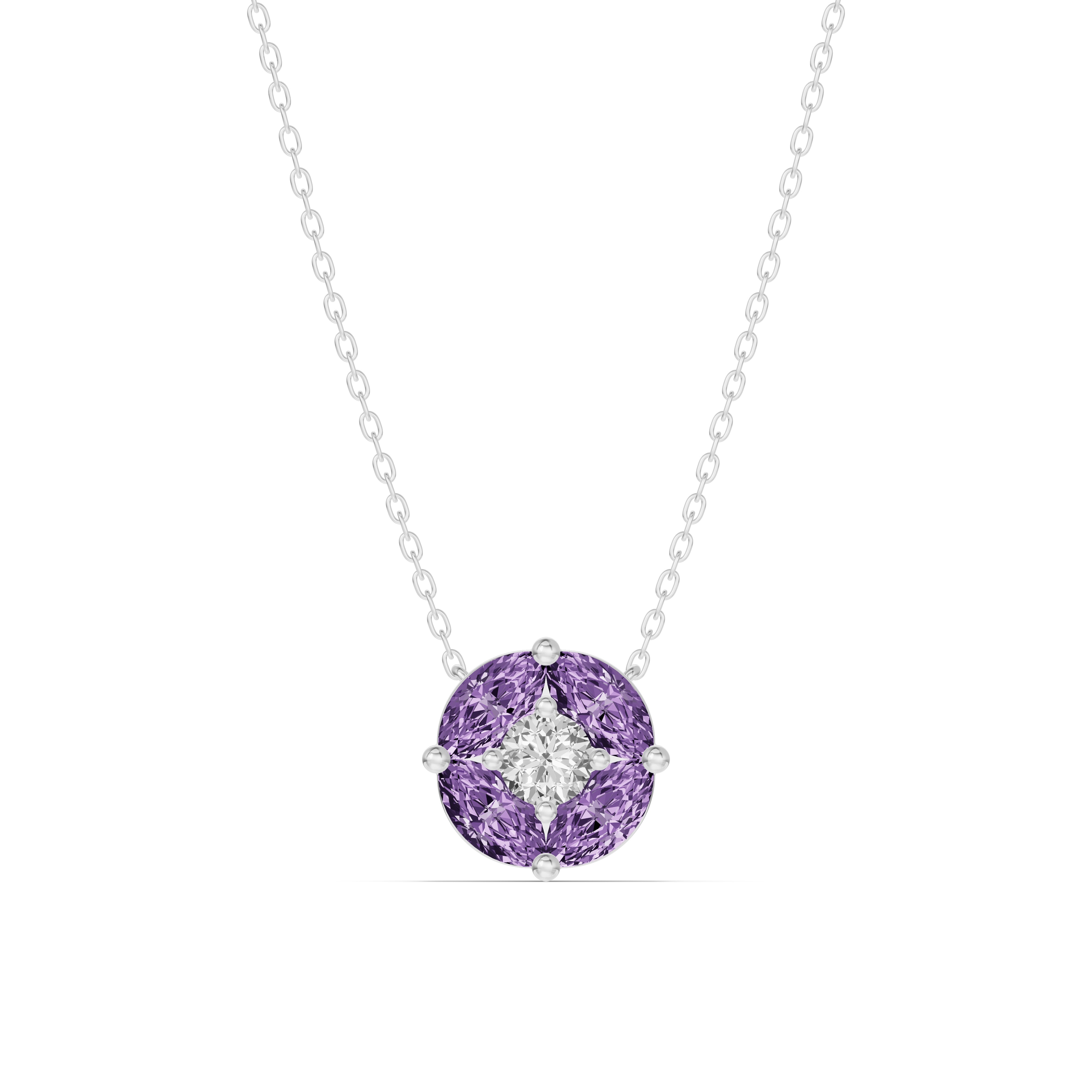 Amethyst Floral Lab Diamond Silver Necklace