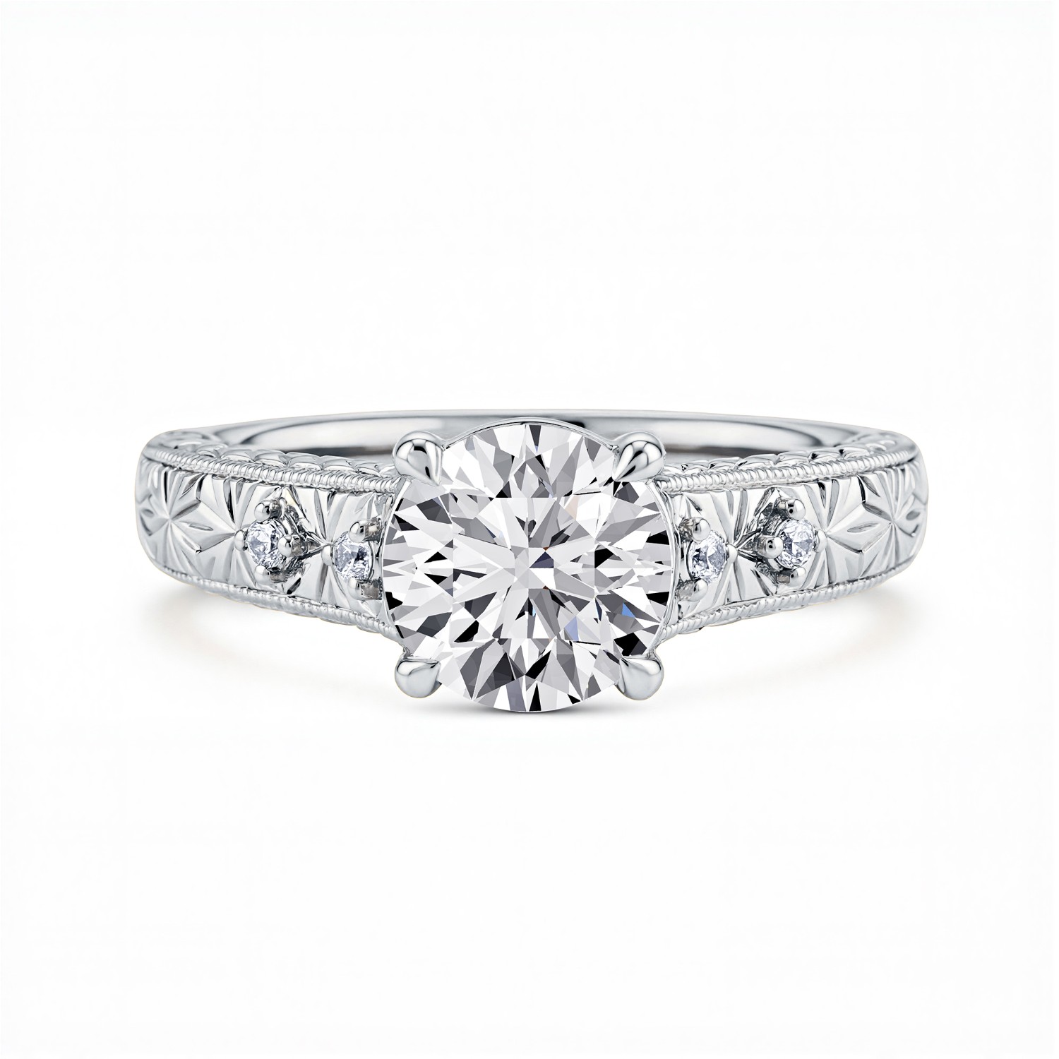 Isadora Engraved Milgrain Halo Pave Engagement Ring