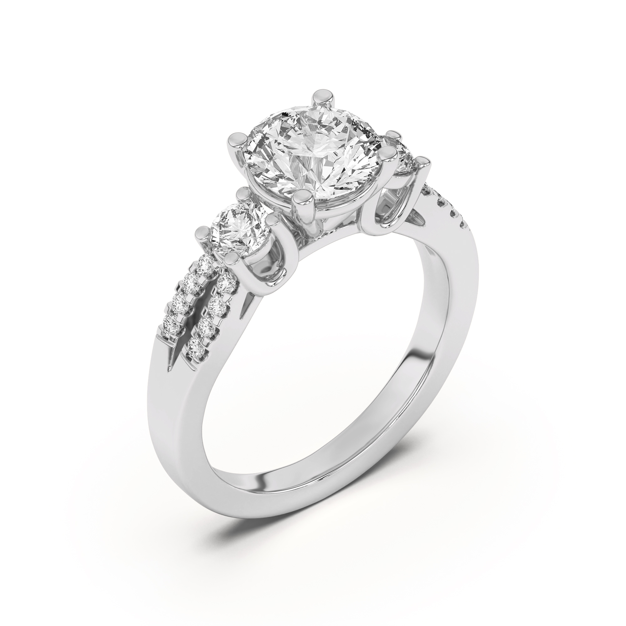 Beth Three-Stone Split Pave Band Engagement Ring
