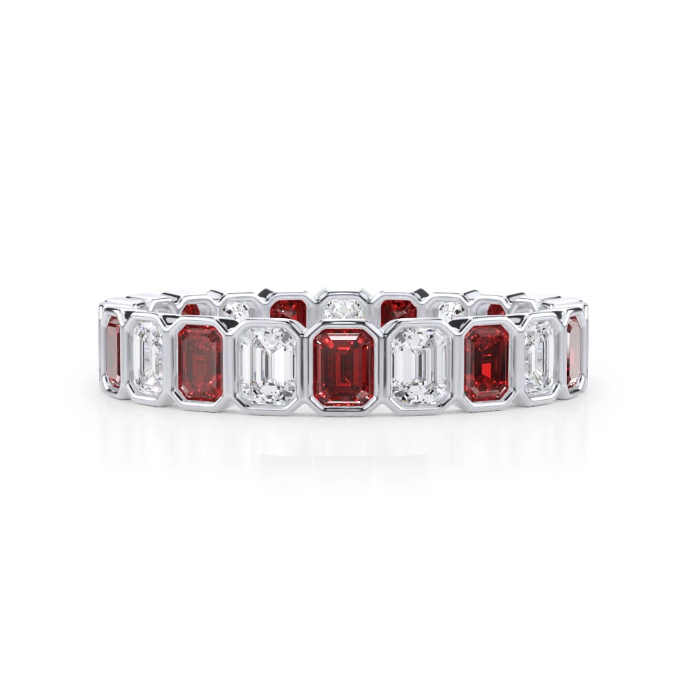 Ruby and Diamond Emerald-Cut Bezel Eternity Band