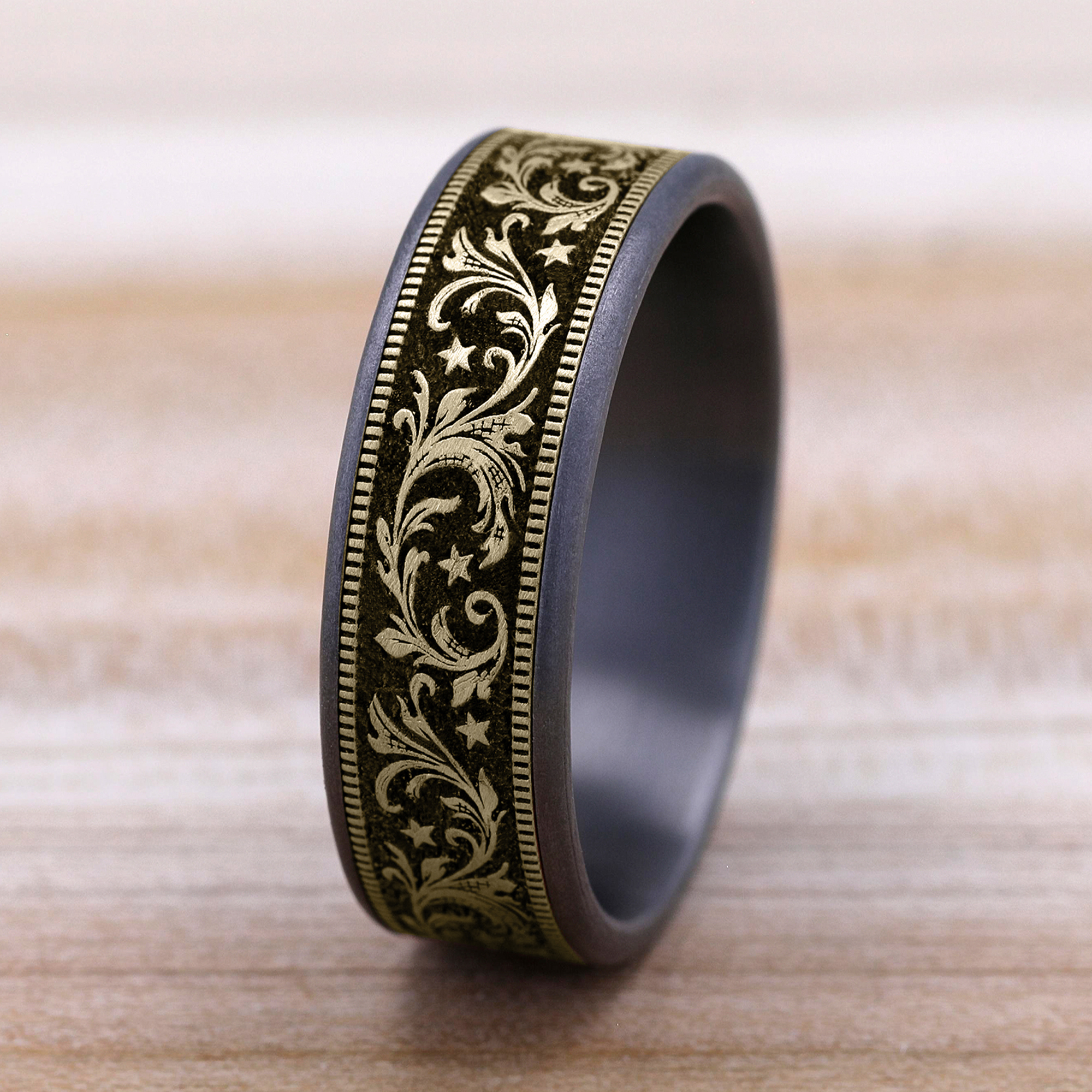 Noir Star Engraved Two-Tone Comfort-Fit Band (7.5mm)