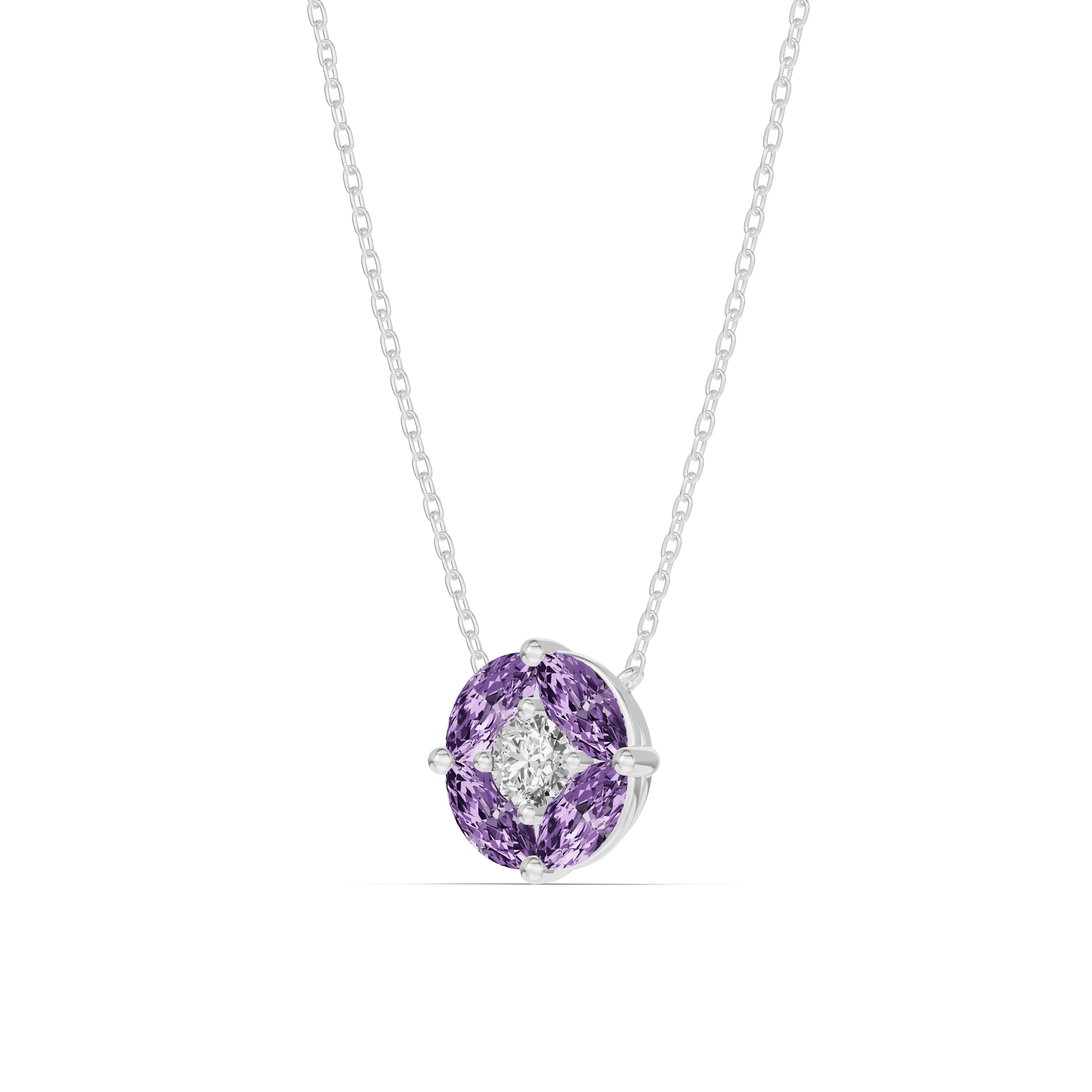 Amethyst Floral Lab Diamond Silver Necklace