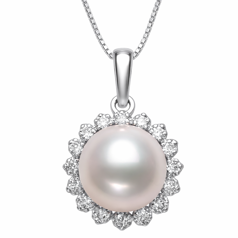 Freshwater Pearl Diamond Halo Necklace (7-8mm)
