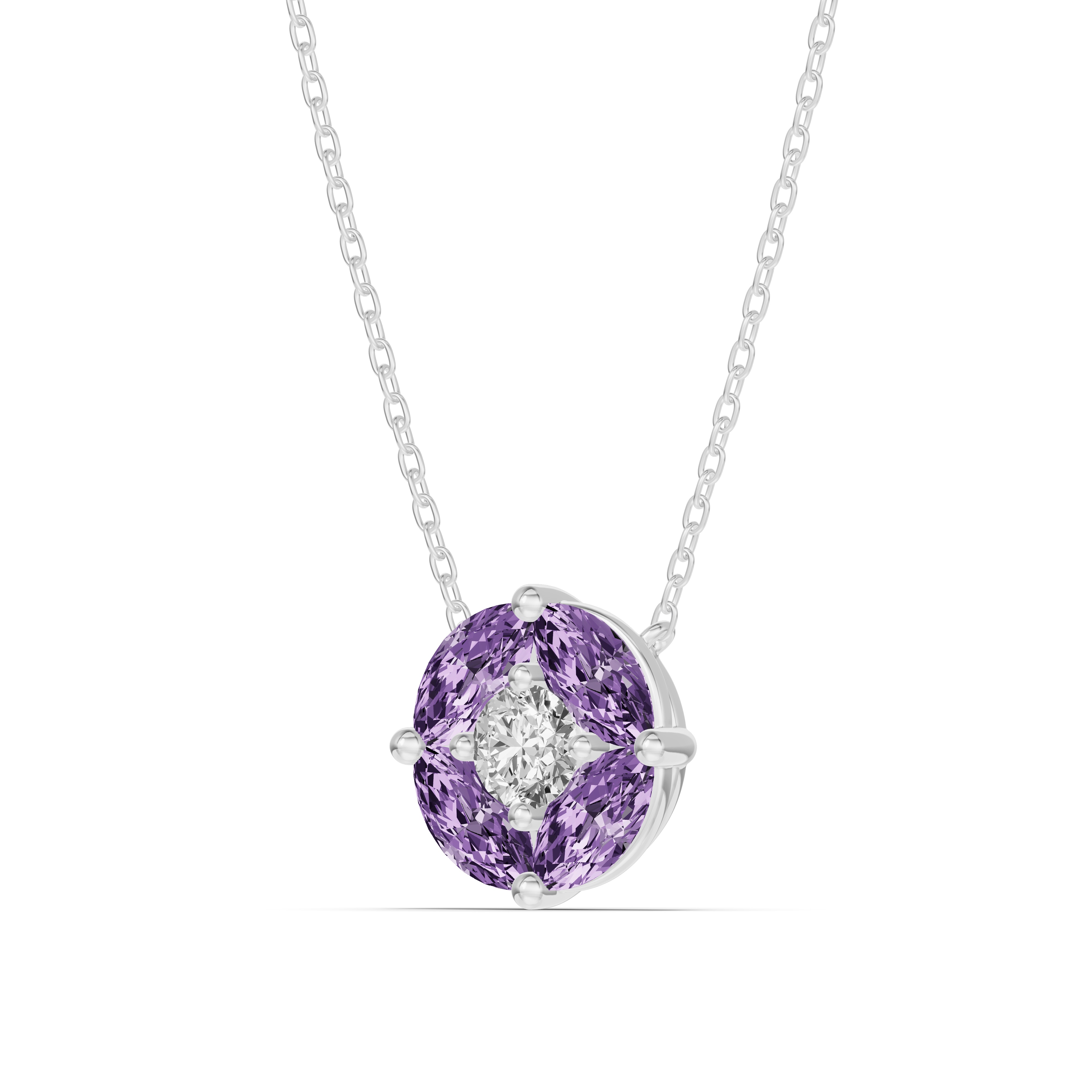 Amethyst Floral Lab Diamond Silver Necklace