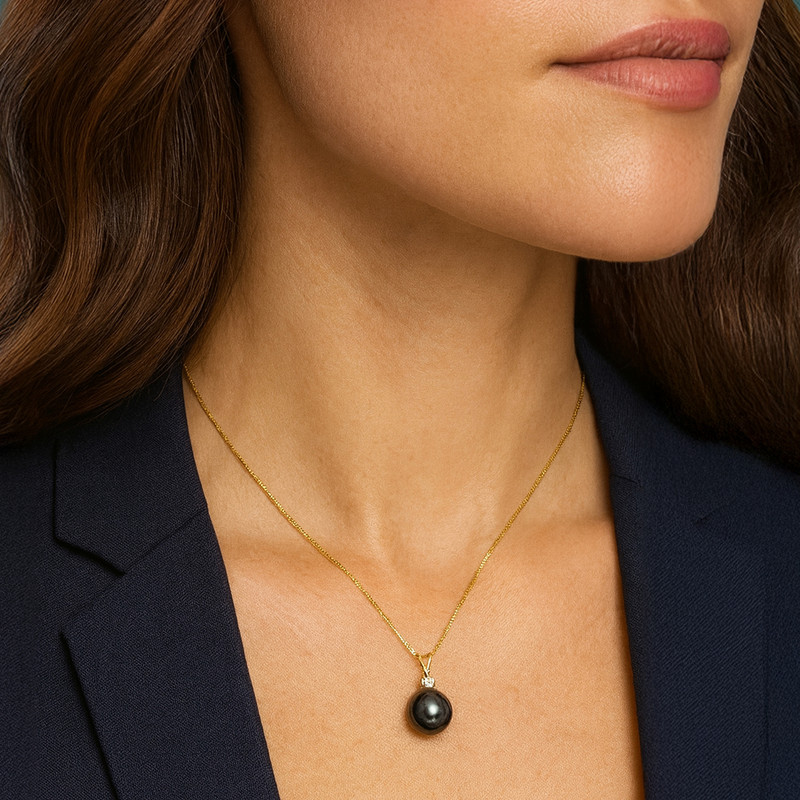 Tahitian Black Pearl and Lab Diamond Pendant (11-12mm)