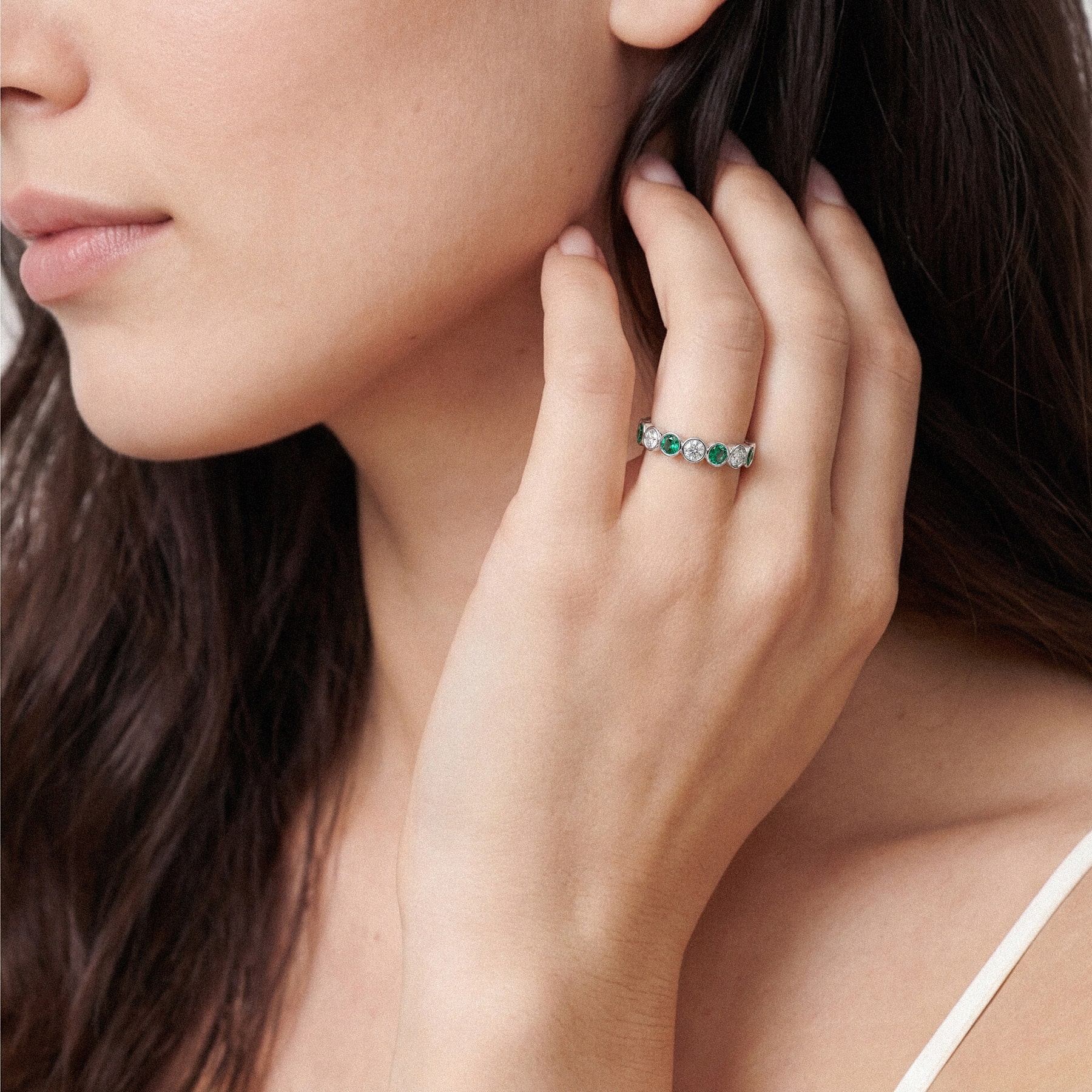 EmeraId and Diamond Bezel-Set Eternity Ring