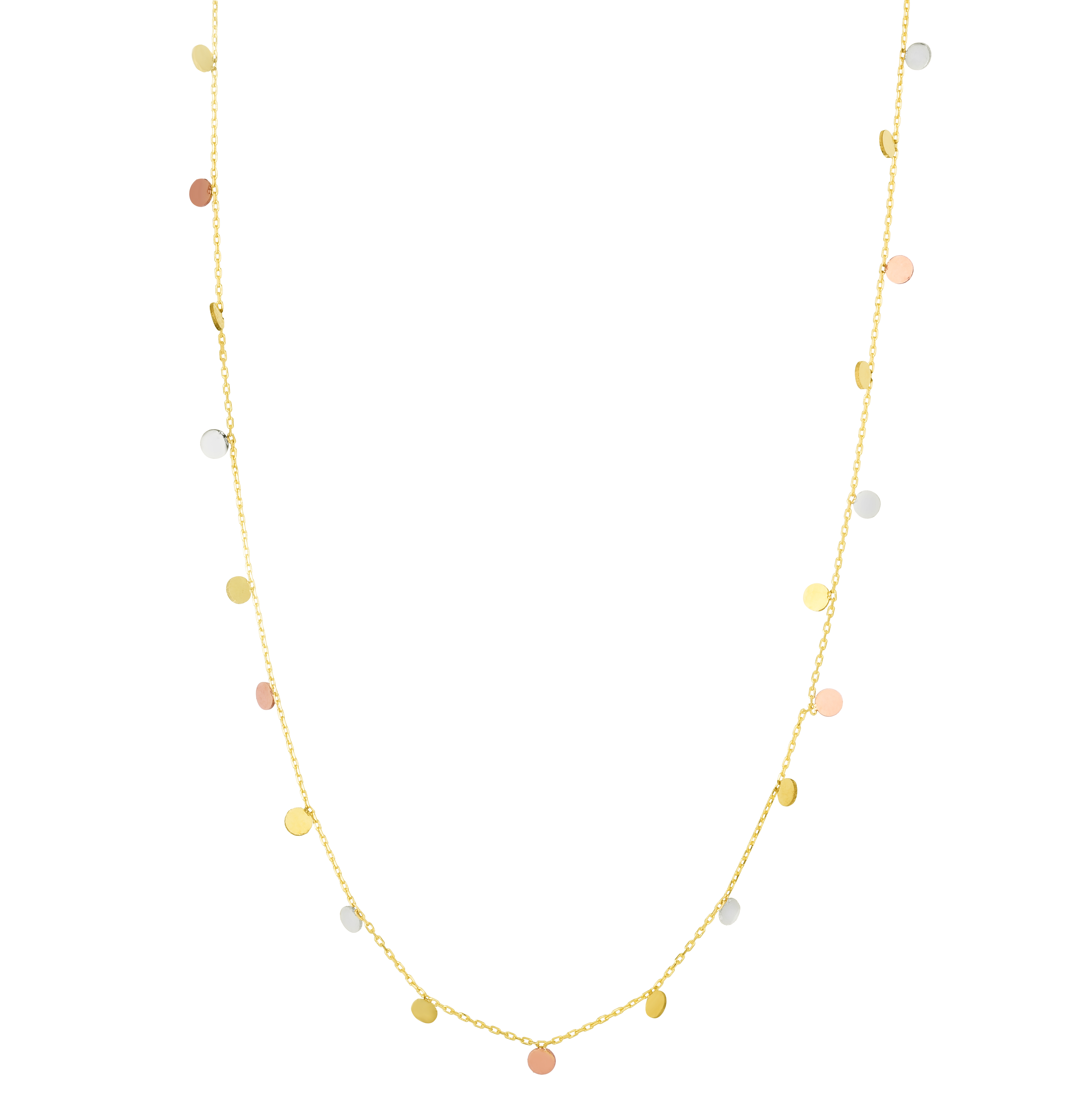 Dangling Tri-Color Disc Station Gold Necklace