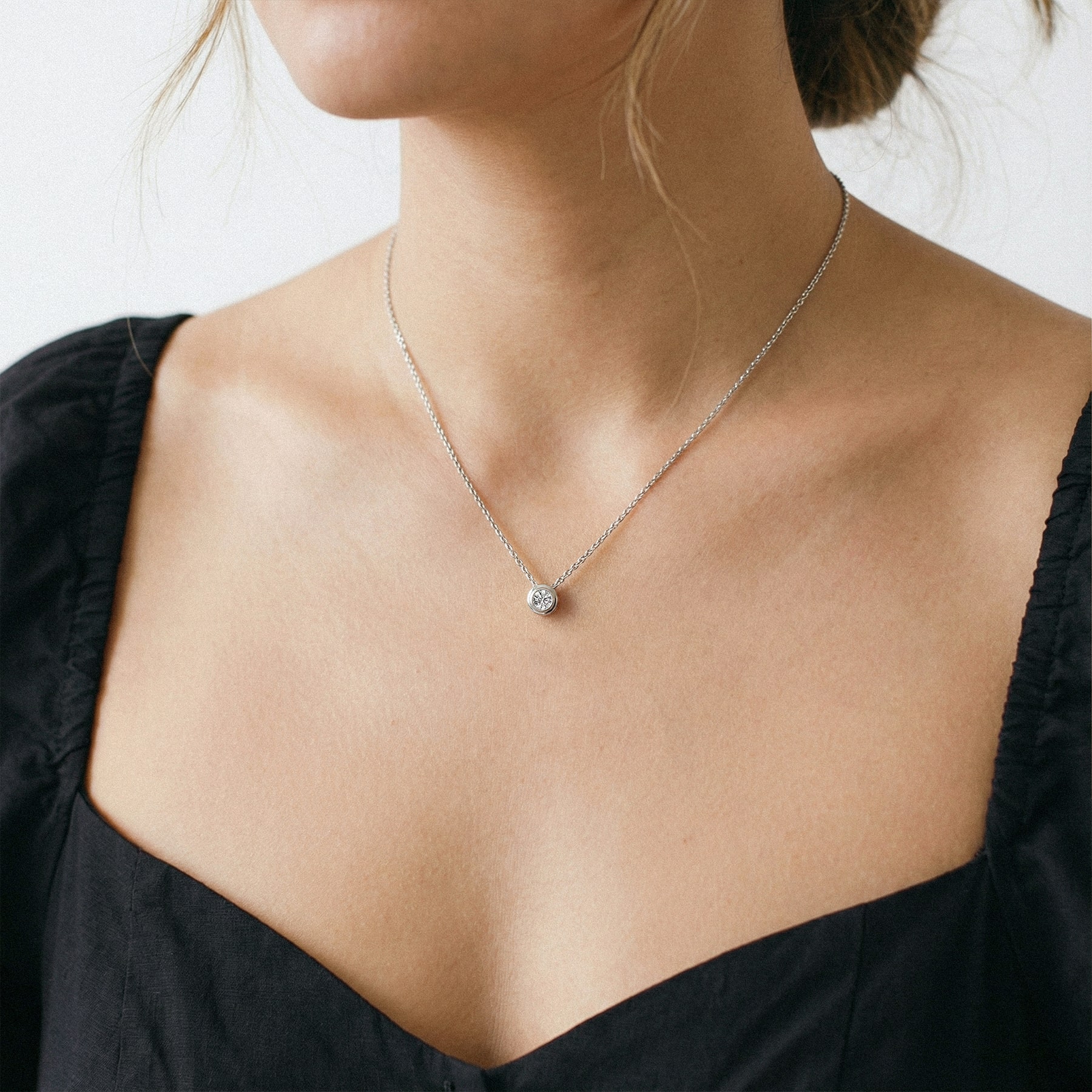 Round Lab Diamond Solitaire Fluted Bezel Necklace