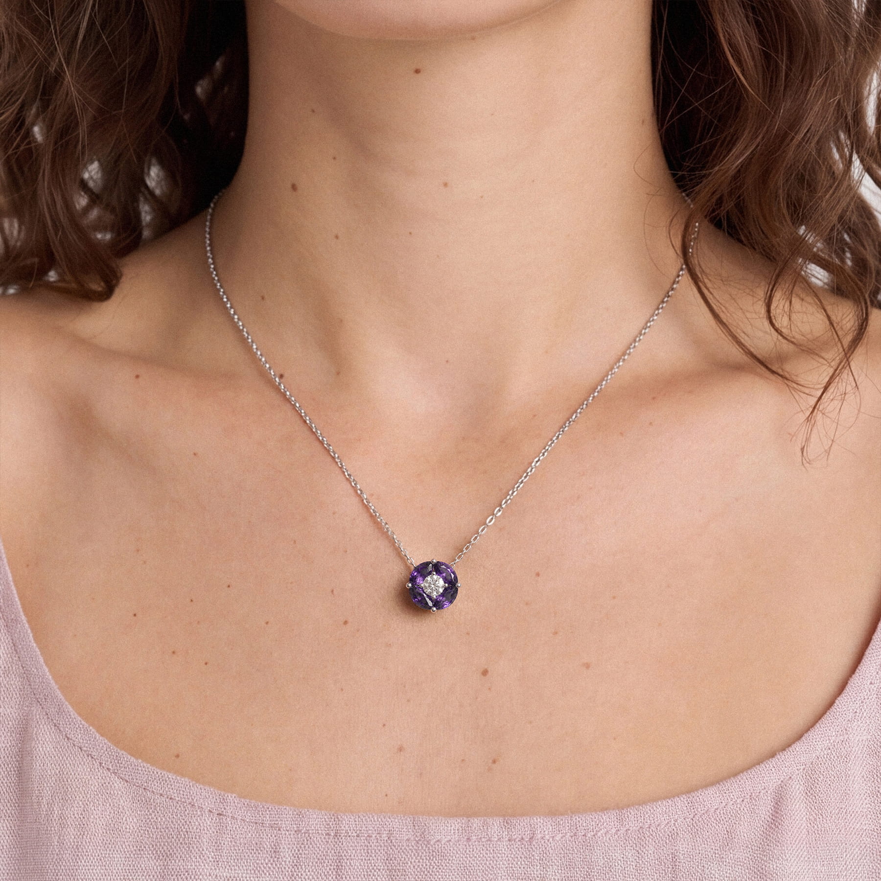 Amethyst Floral Lab Diamond Silver Necklace