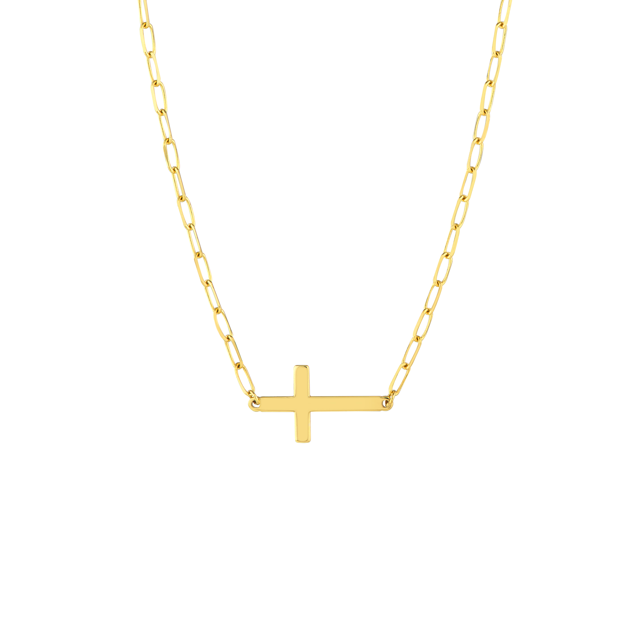 Sideways Cross Paper Clip Gold Necklace